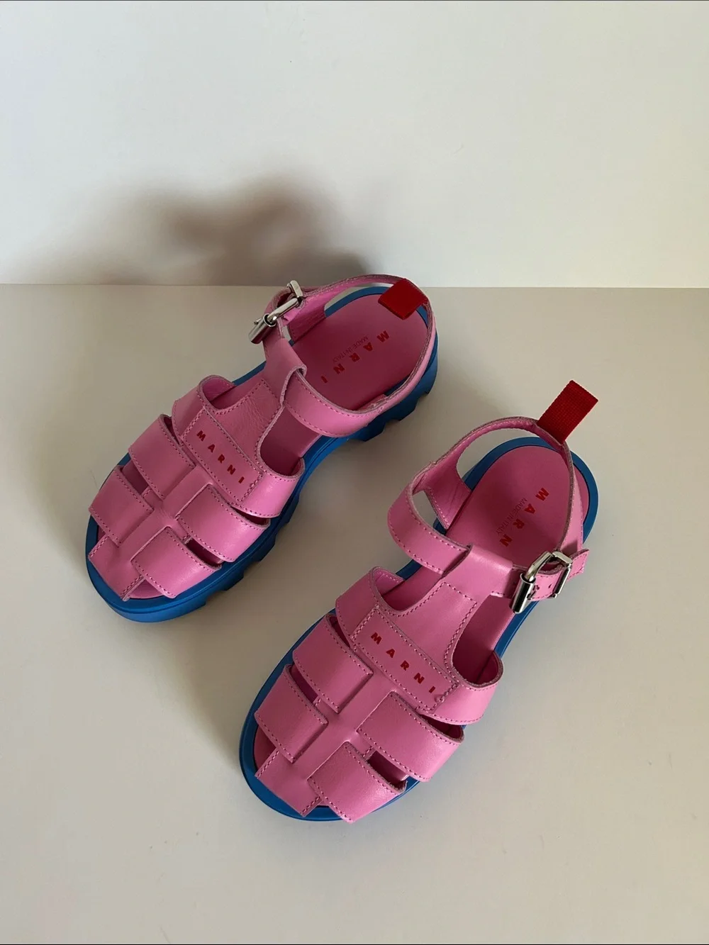 Marni Pink Leather Kids Sandals with Blue Lug Sole